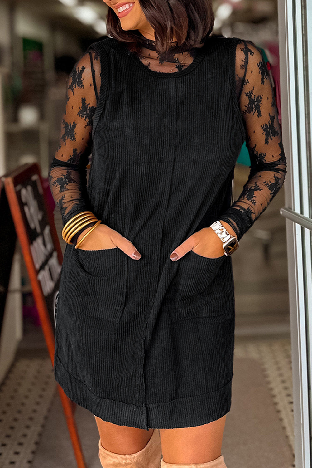 Black Corduroy Exposed Seam Sleeveless Mini Dress