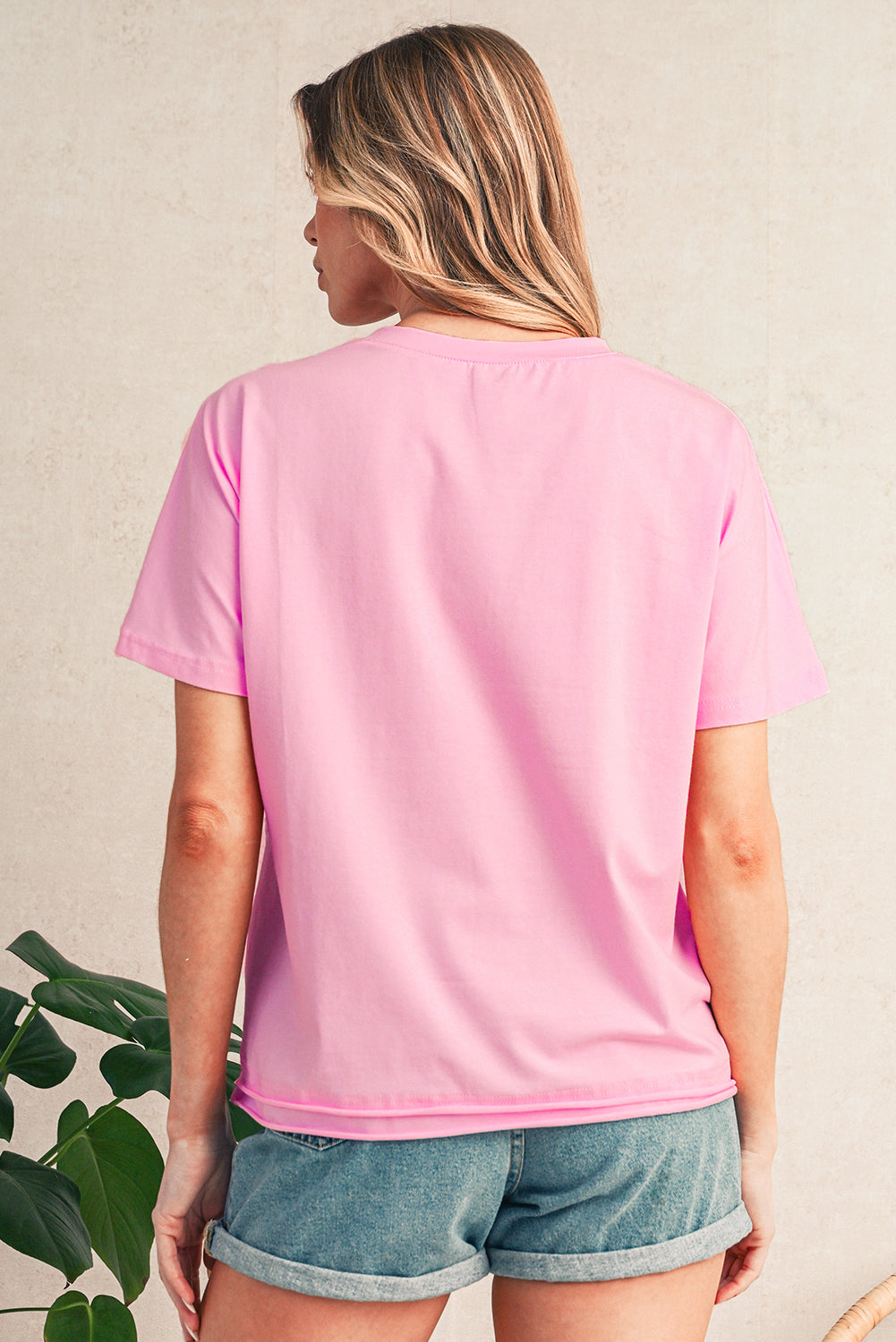 Pink Color Block Patchwork Seamed Crewneck T Shirt