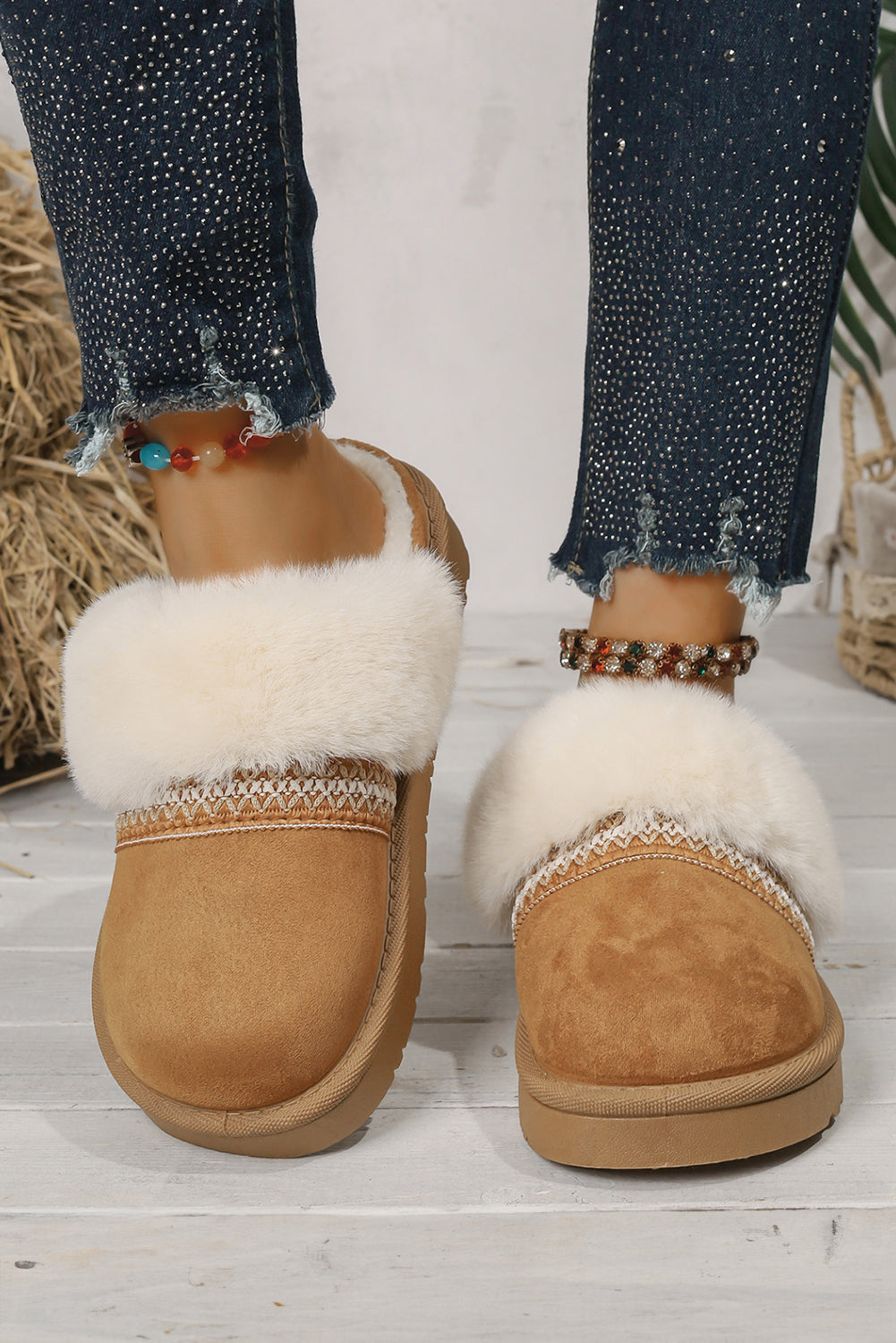 Camel Suede Fuzzy Winter Warm Platform Slippers