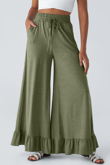 Jungle Green Solid Color Ruffle Hem Wide Leg Pants