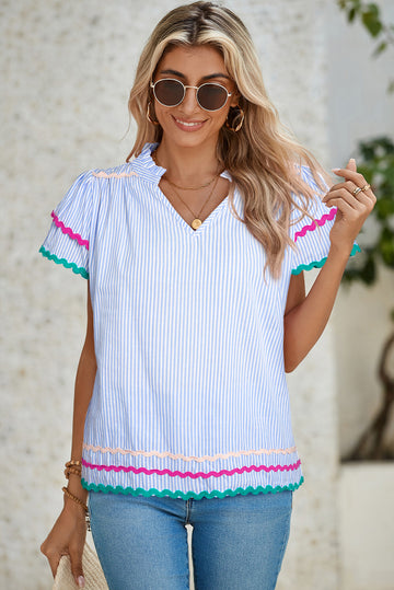 Sky Blue Striped Ricrac Splicing Frill V-Neck Blouse