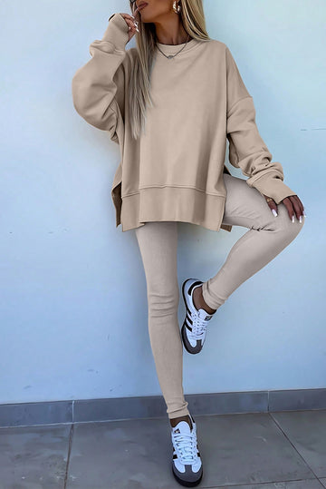 Jet Stream Solid Color Oversize Slit Sweatshirt Ribbed Leggings Set
