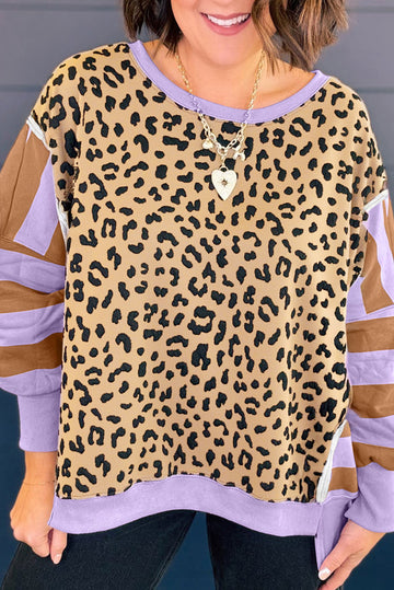 Purple Leopard Striped Patchwork Plus Size Loose Sweatshirt