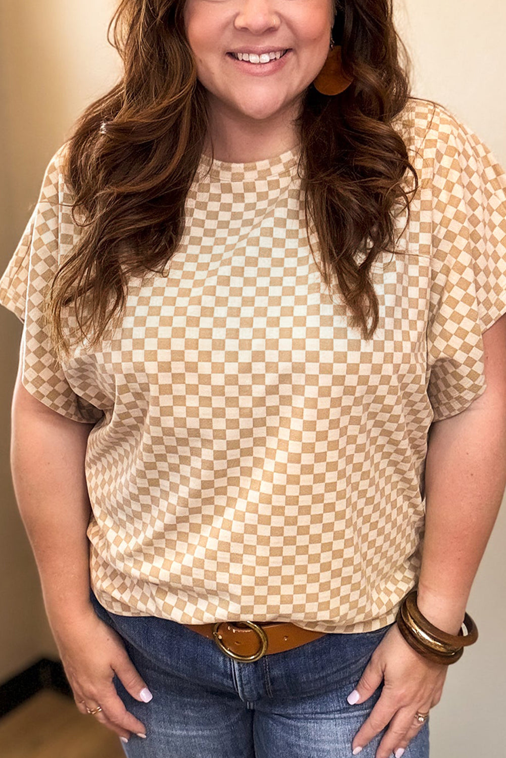 Khaki Checkered Batwing Sleeve Plus Size T Shirt