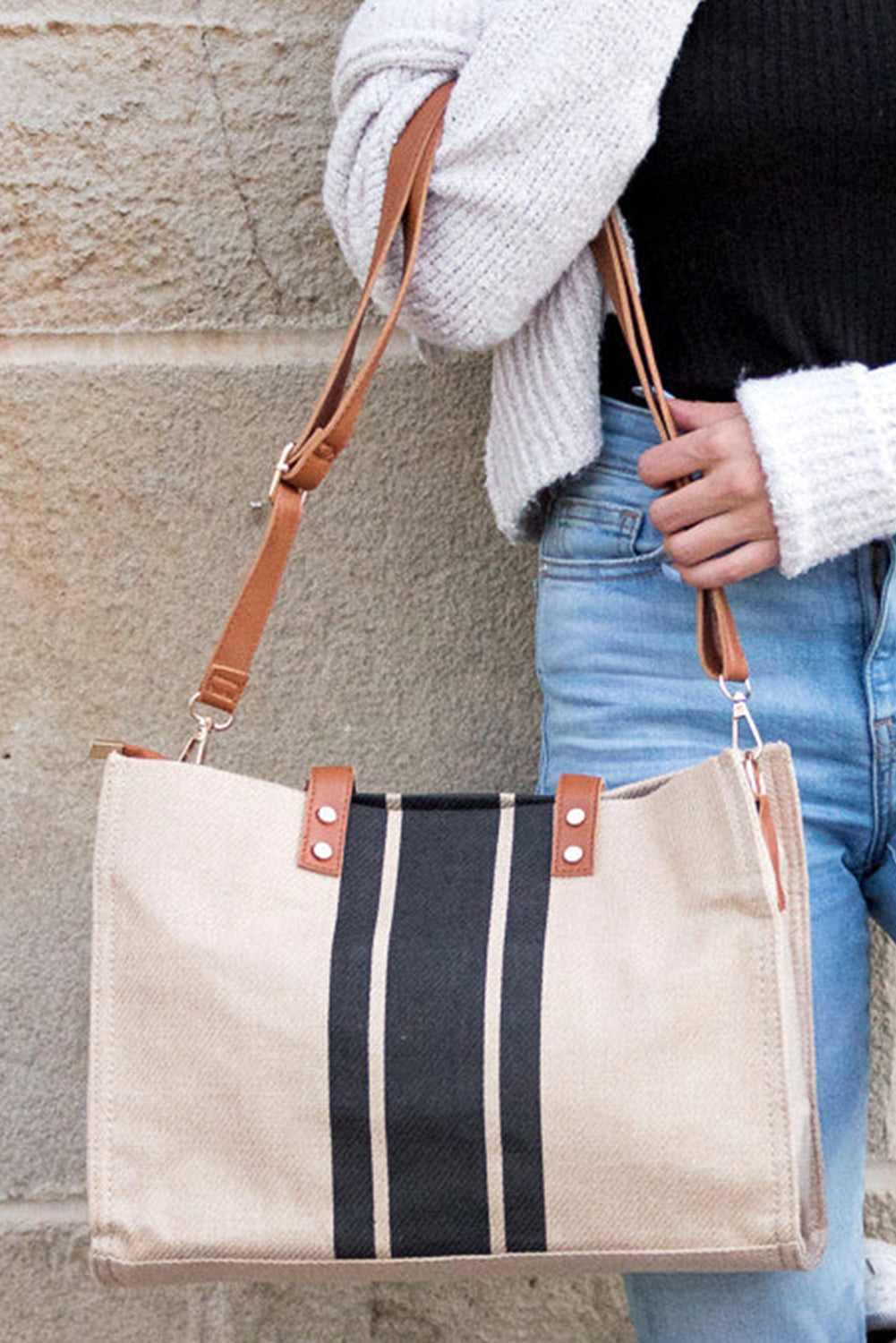 Black Large Striped Shoulder Bag