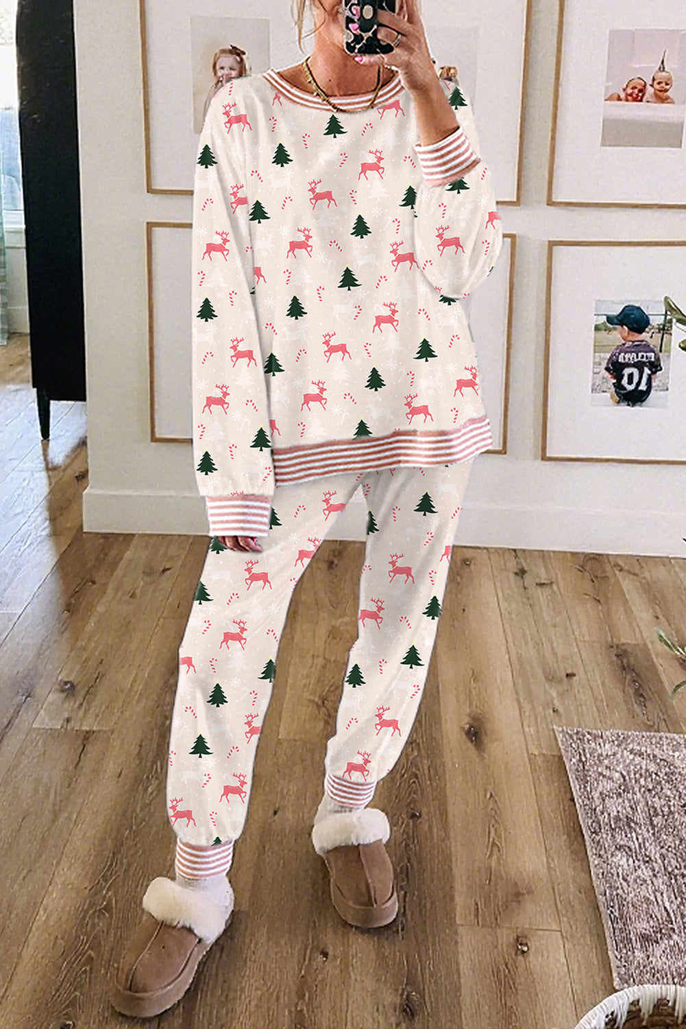 Pink Christmas Tree Reindeer Print Contrast Striped Trim Pajama Set