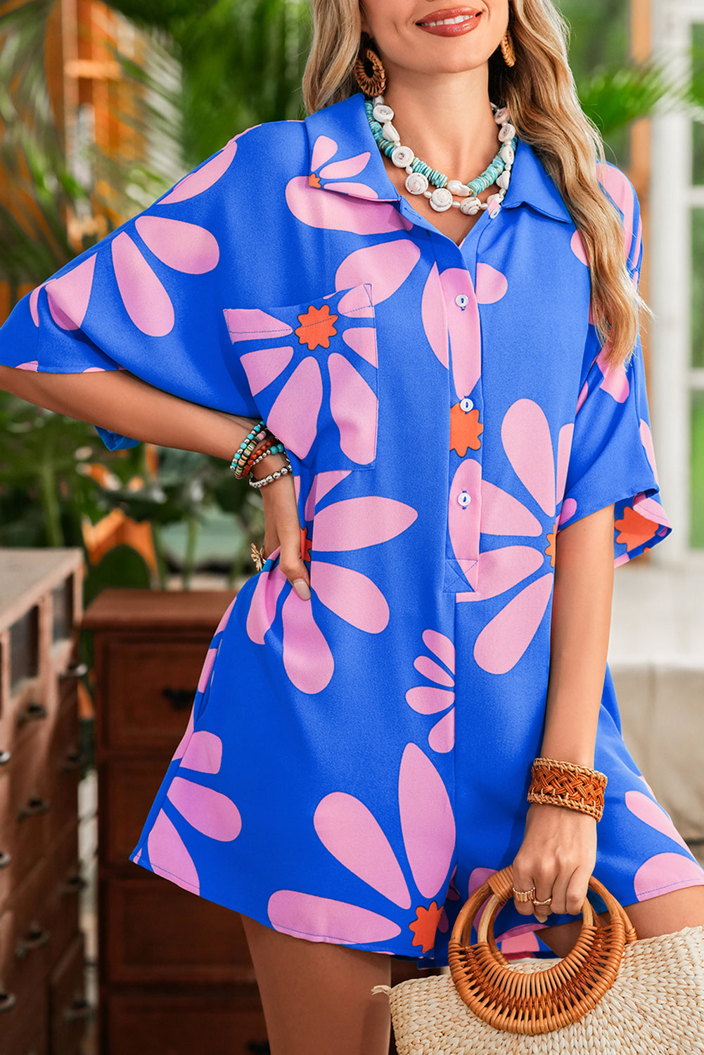 Blue Summer Flower Print Shirt Collar Loose Romper