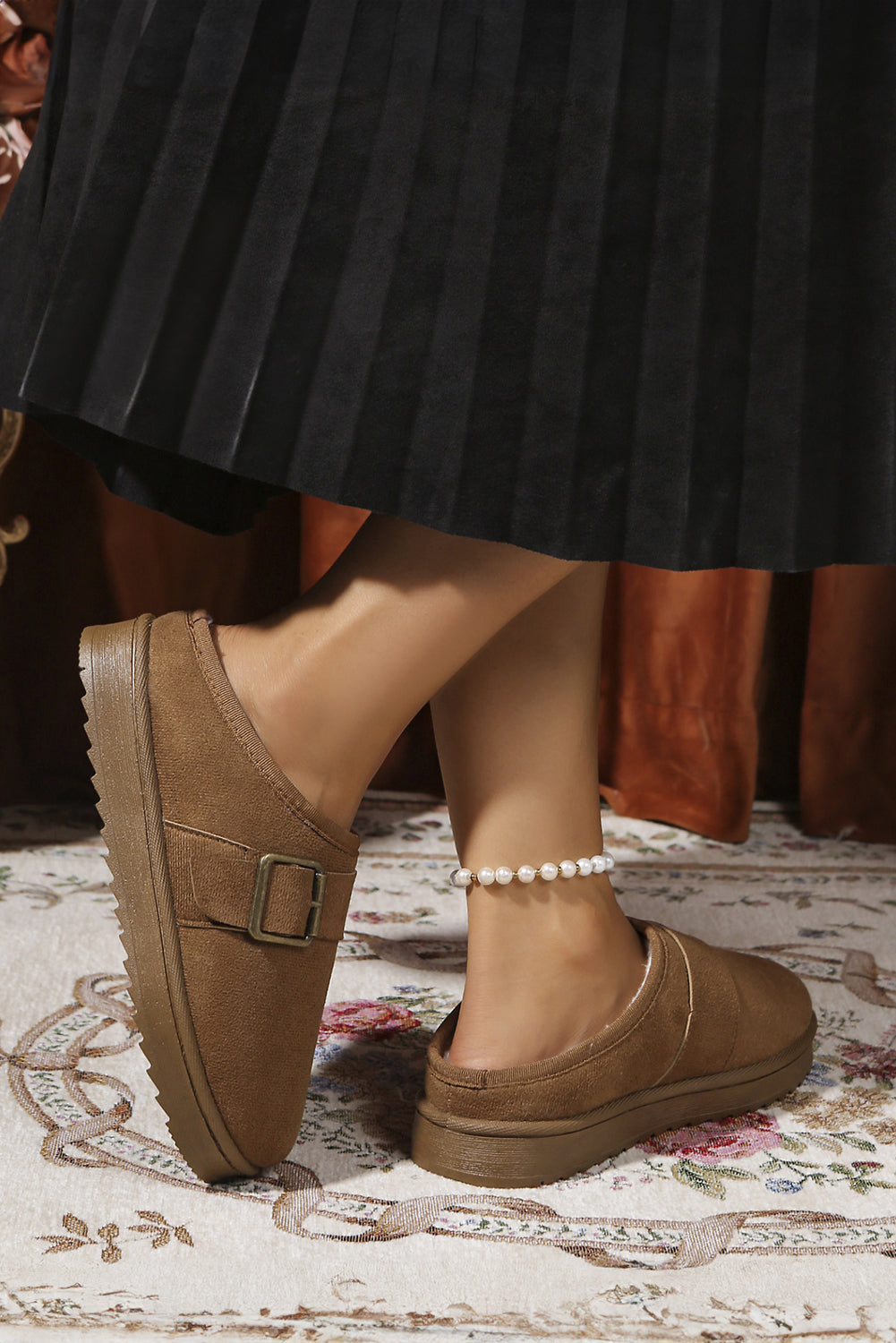 Camel Faux Suede Buckle Strap Detail Winter Clog Slippers