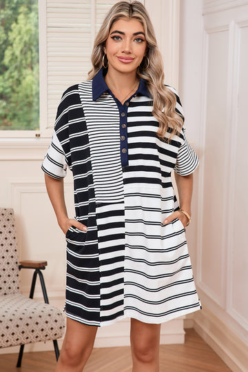 Black Striped Patchwork Collared Mini Dress