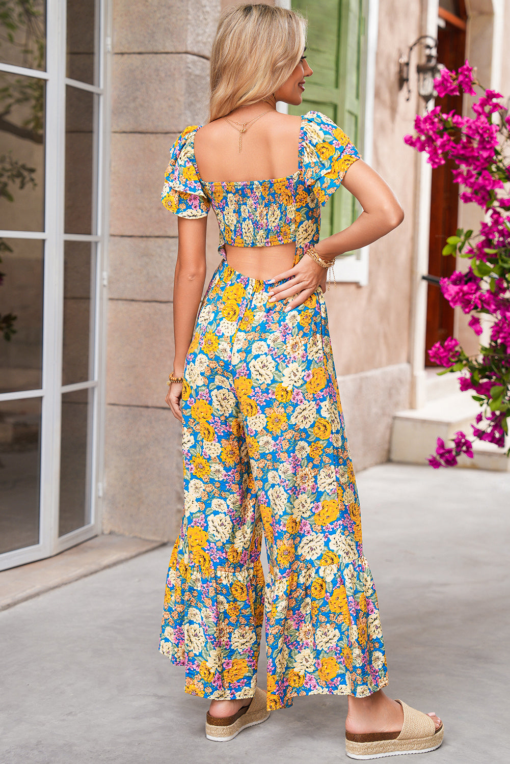 Yellow Floral Allover Print Shirred Cut Out High Waist Jumpsuit