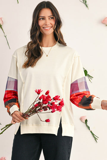 Beige Plaid Patchwork Long Sleeve Exposed Seam Loose Top