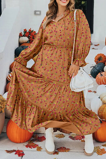 Brown Plus Size Floral Split V Neck Ruffled Sleeve Tiered Maxi Dress