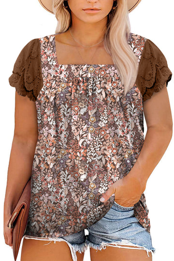 Khaki Floral Patchwork Flowy Sleeve Plus Size Blouse
