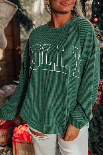Blackish Green Twisted Rib Merry Letter Graphic Loose Long Sleeve Top