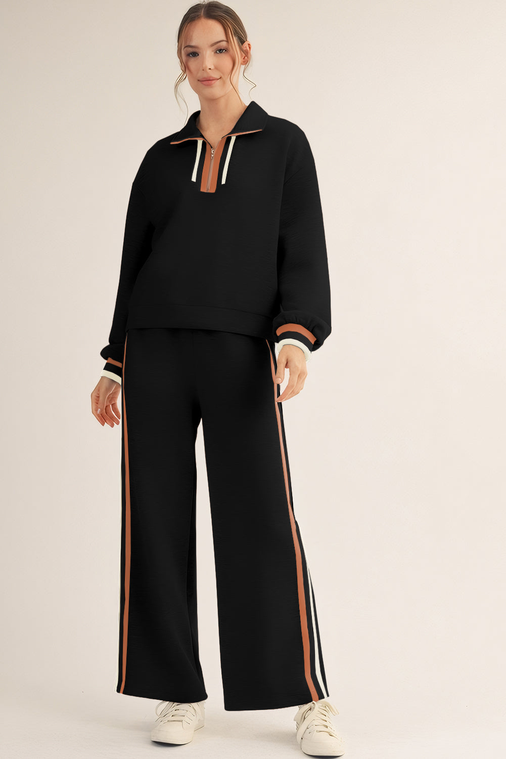 Black Striped Patchwork Quarter Zip Pullover Loose Pants Set