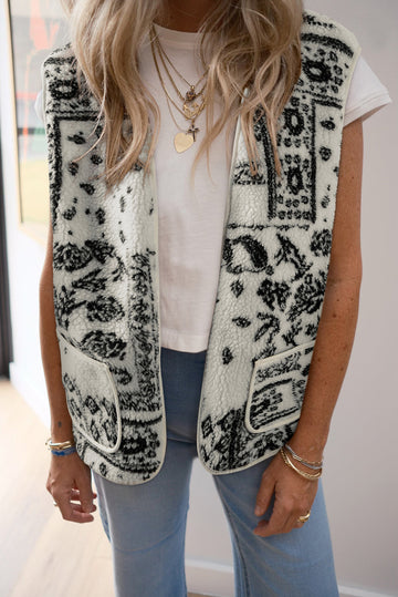 Beige Sherpa Paisley Print Pocketed Fashion Vest Jacket