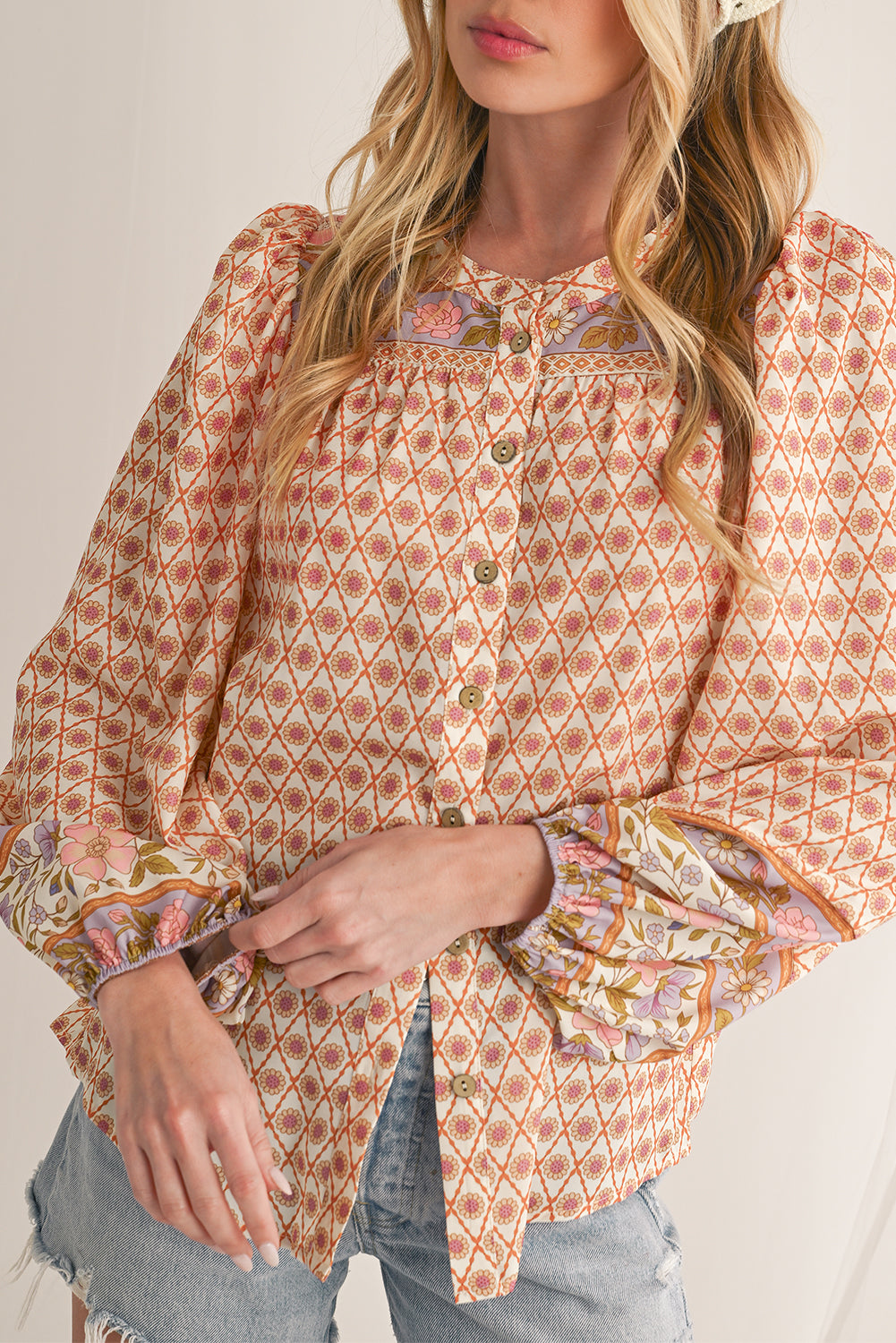 Multicolour Boho Floral Puff Sleeve V-Neck Button Blouse