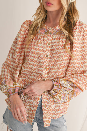 Multicolour Boho Floral Puff Sleeve V-Neck Button Blouse