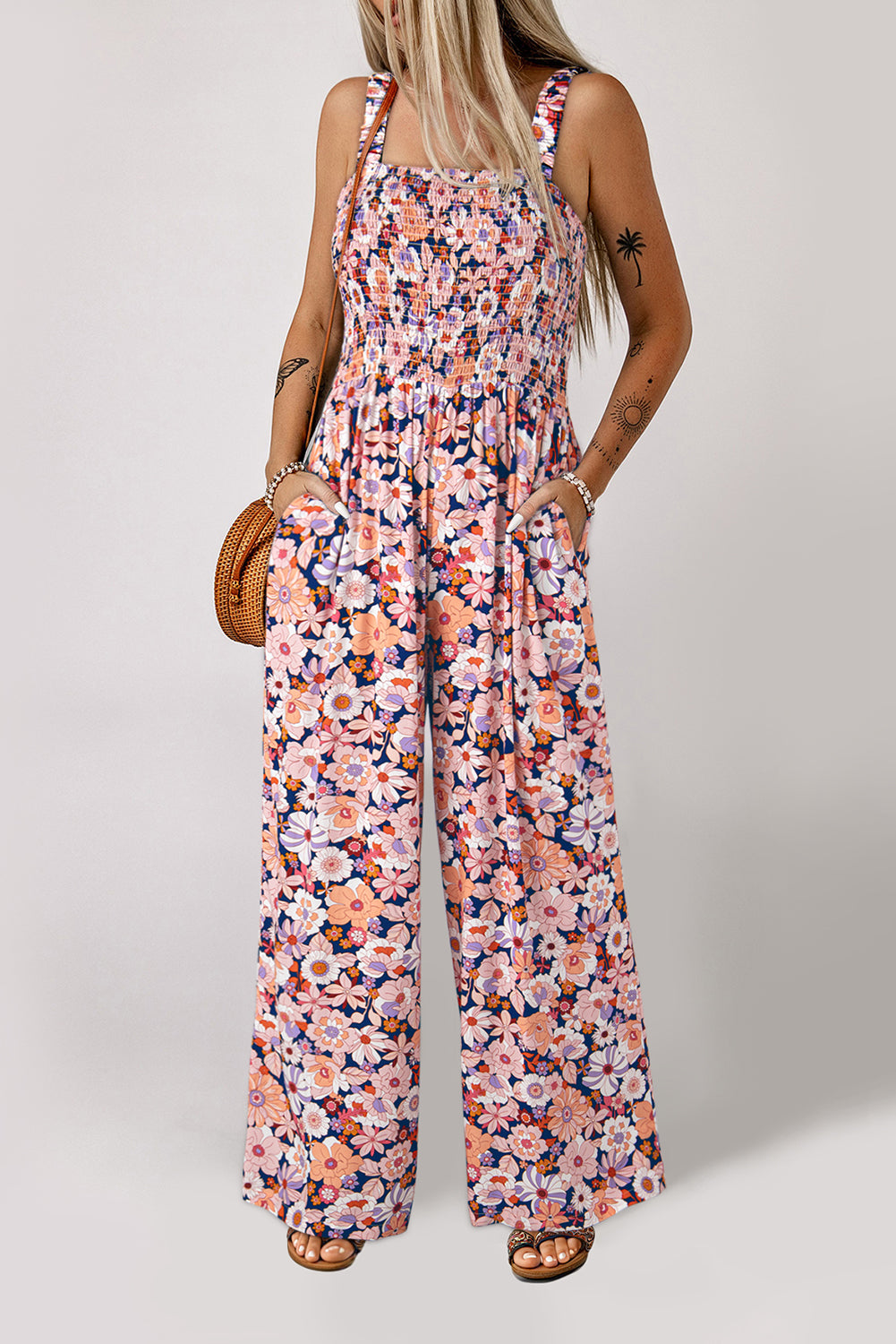Black Floral Square Neckline Stretch High Waist Jumpsuit