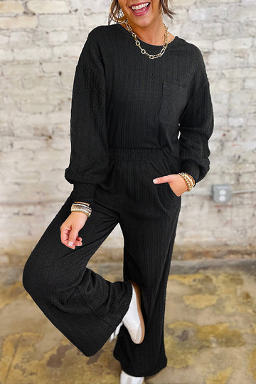 Black Textured Chest Pocket Drop Sleeve Top and Pants Set