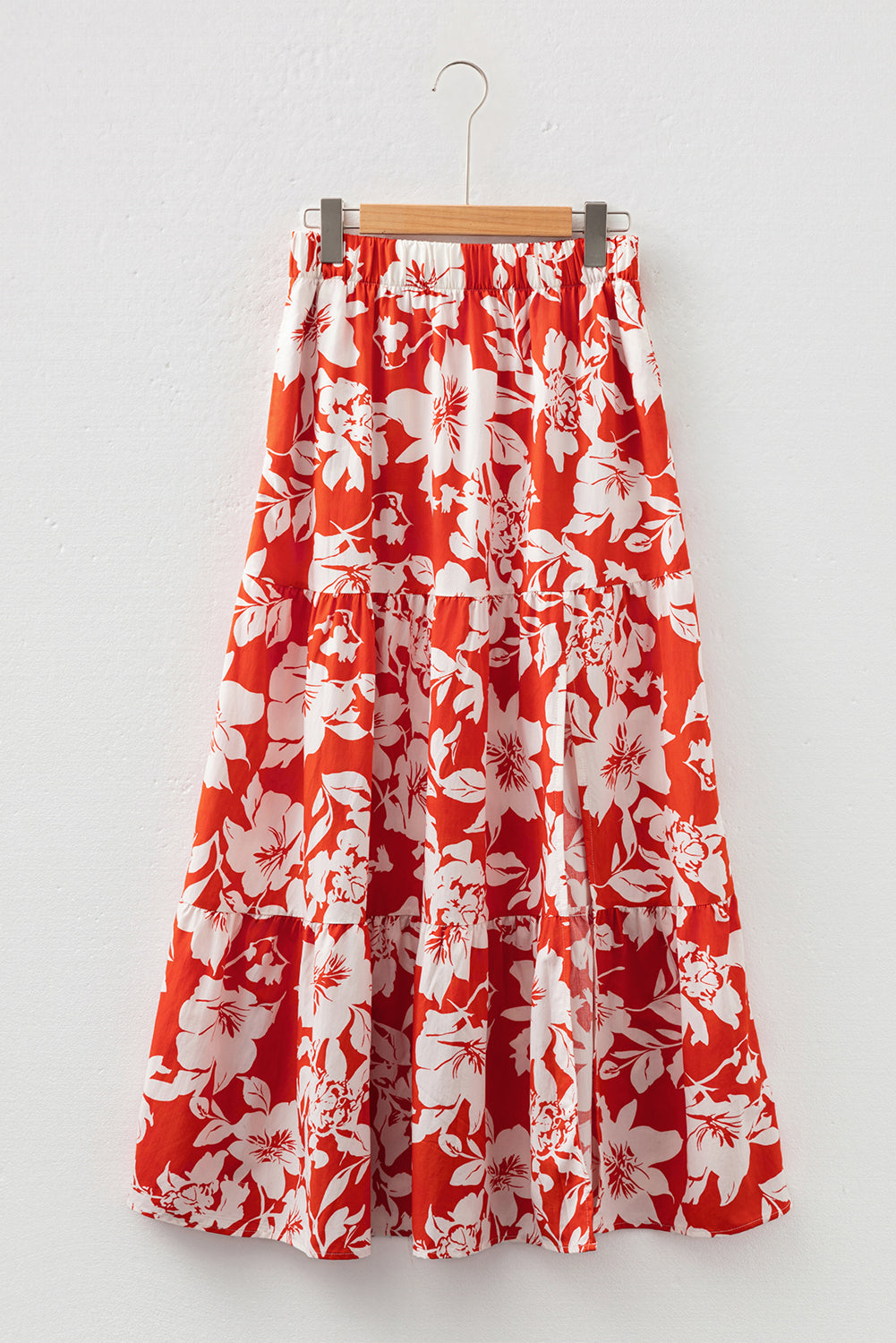 Red High Split Floral Tiered Maxi Skirt