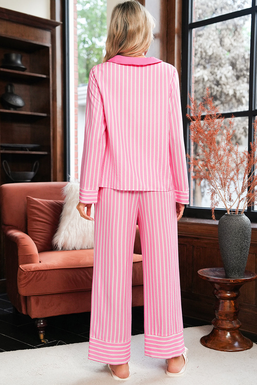 Pink Striped Sweet Bow Decor Peter Pan Collar Pullover Pants Pajama Set