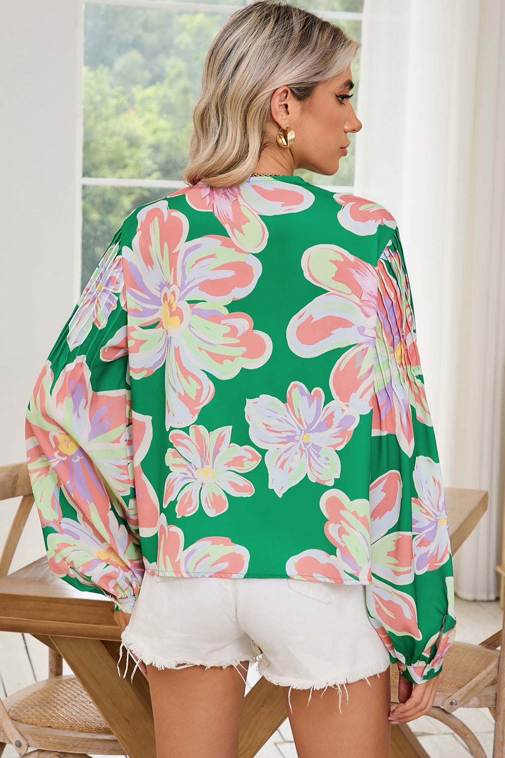 Green Floral Pleated Puff Sleeve Blouse