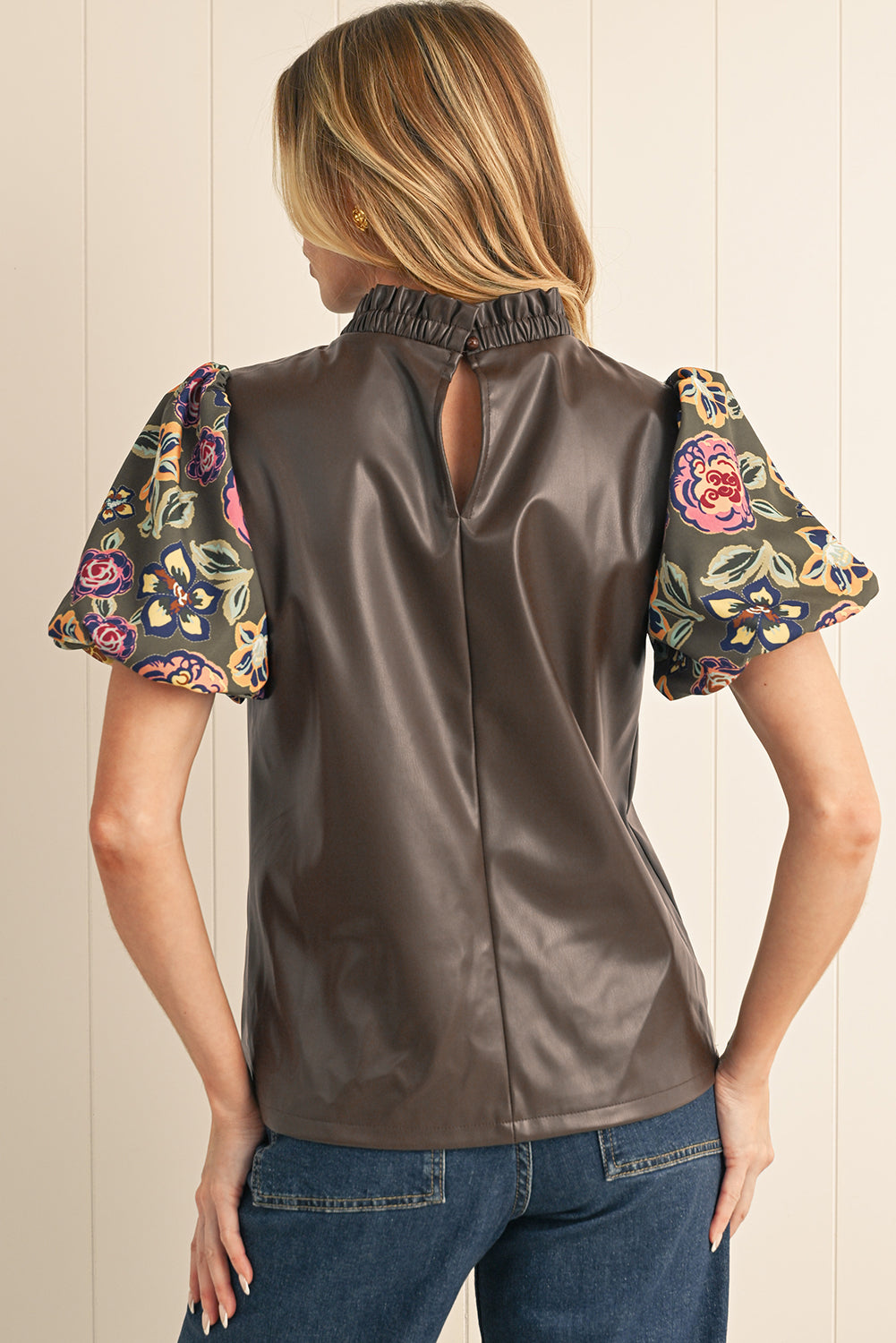 Floral Puff Sleeve Boho Frill Neck Blouse