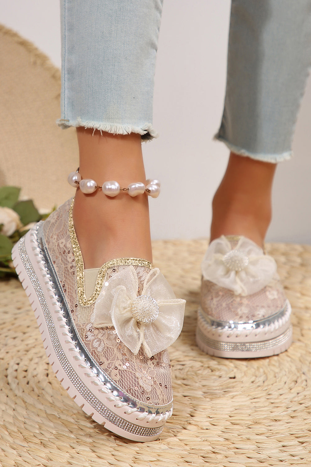 White Sequin Bow Thick Sole Casual Shoes