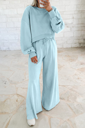 Mist Blue Drop Shoulder Crop Pullover Drawstring Wide Leg Pants Set