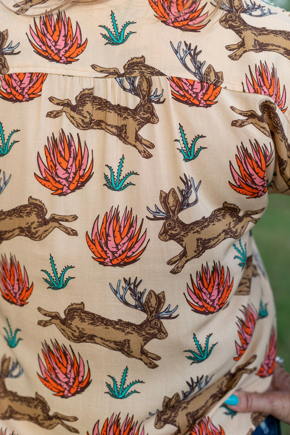 Khaki Plus Size Western Pattern Print Buttoned Short Sleeve Top