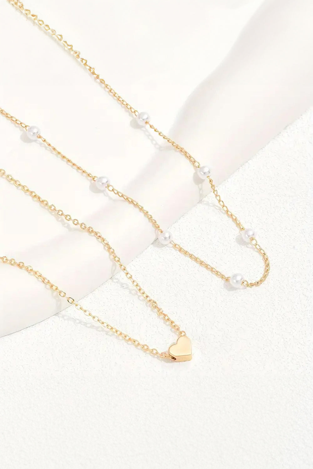 Gold 2pcs Pearl Heart Chain Necklace Set