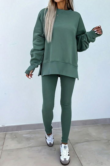 Green Bay Solid Color Oversize Slit Sweatshirt Ribbed Leggings Set