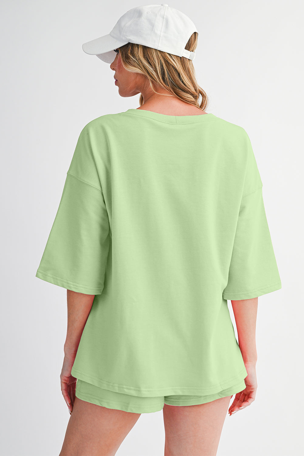 Meadow Mist Green Loose V Neck Tee and Drawstring Shorts Set