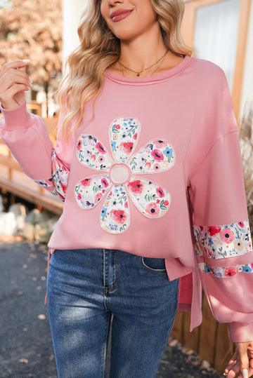 Peach Blossom Flower Applique Patchwork Drop Sleeve Pullover Sweatshirt