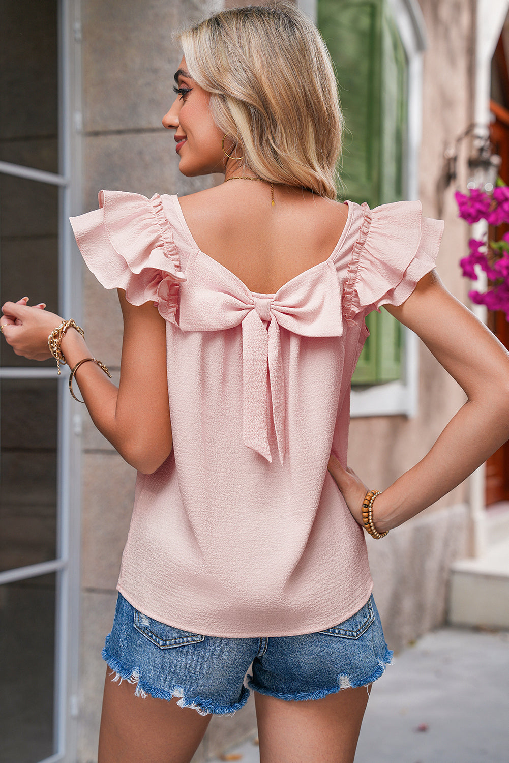 Gossamer Pink Textured Bow Frilled Ruffle Sleeve Blouse