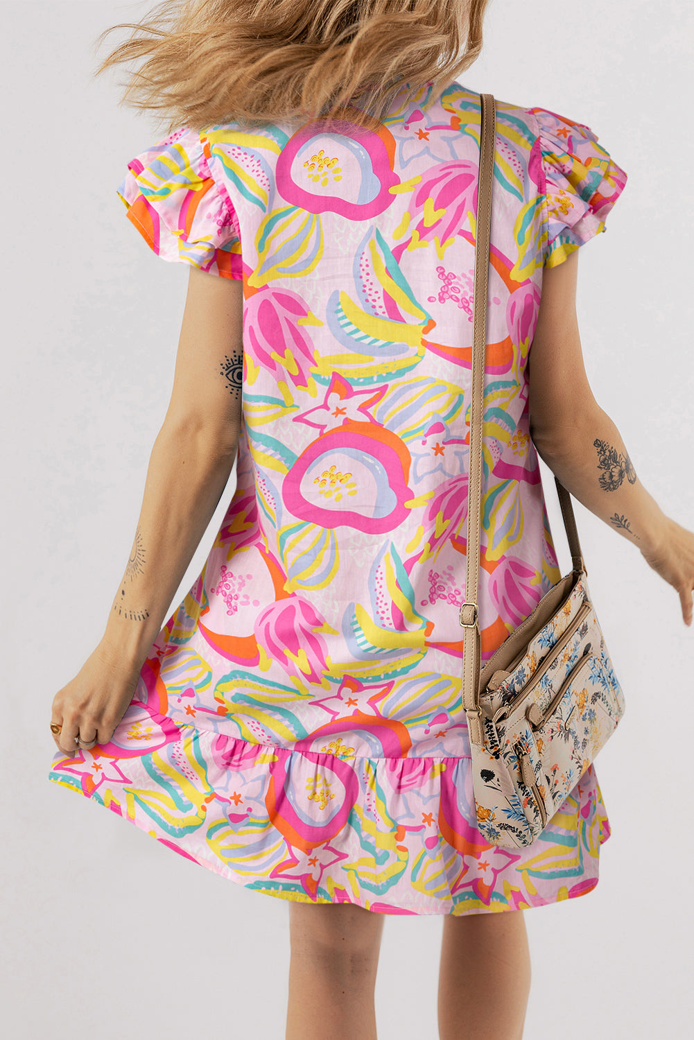 Pink Button Front Frill Neck Ruffle Trim Abstract Mini Dress