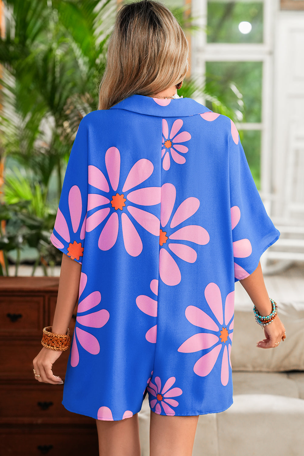 Blue Summer Flower Print Shirt Collar Loose Romper