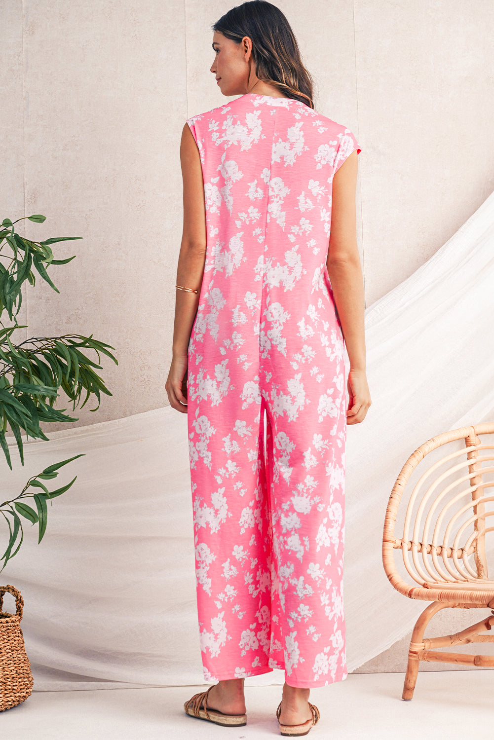 Pink Floral Print Sleeveless Wide Leg Jumpsuit