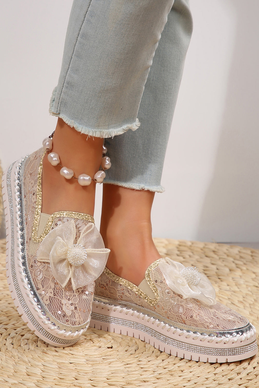 White Sequin Bow Thick Sole Casual Shoes
