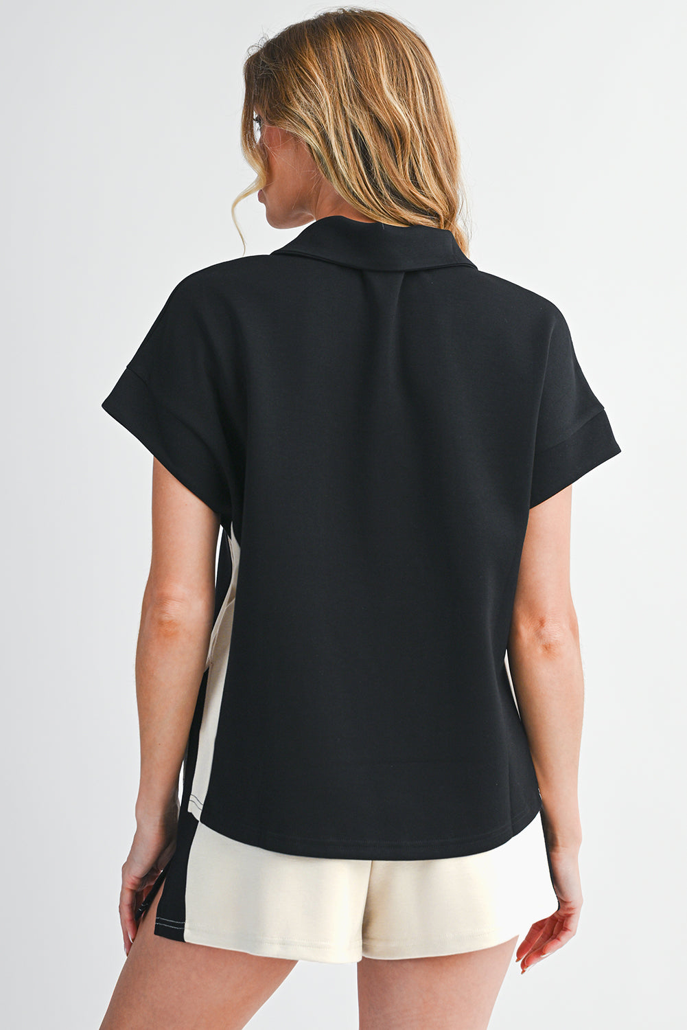 Black Colorblock Zipper Collar T Shirt and Shorts Set