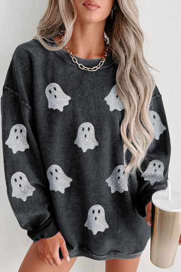 Black Halloween Ghost Transfer Vinyl Process Corded Crew Neck Loose Sweatshirt