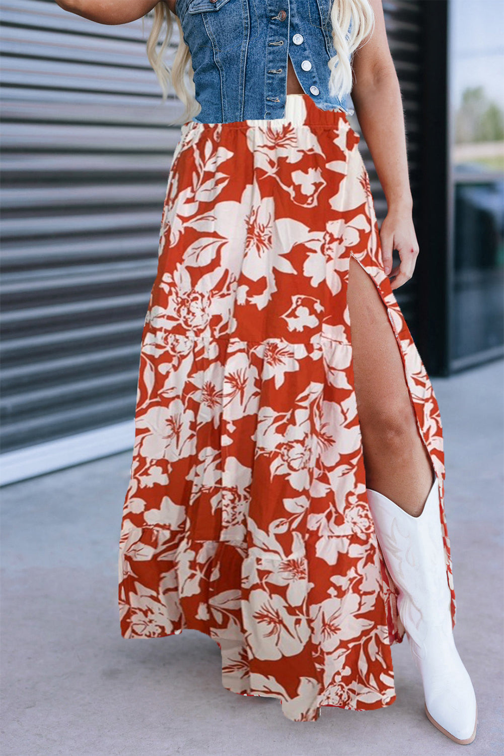 Red High Split Floral Tiered Maxi Skirt
