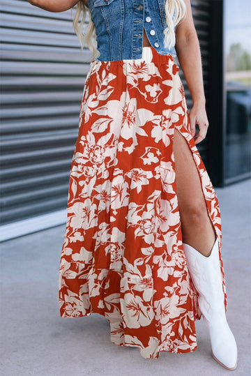 Red High Split Floral Tiered Maxi Skirt