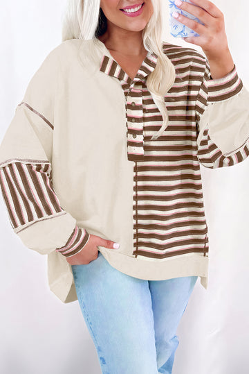 Khaki Striped Patchwork Oversized Pullover Top