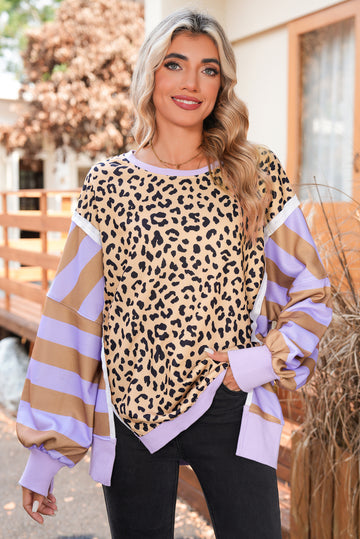 Purple Striped Leopard Colorblock Side Slits Sweatshirt