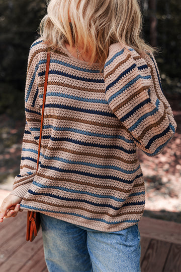 Multicolour Striped Knitted Drop Shoulder Crew Neck Sweater