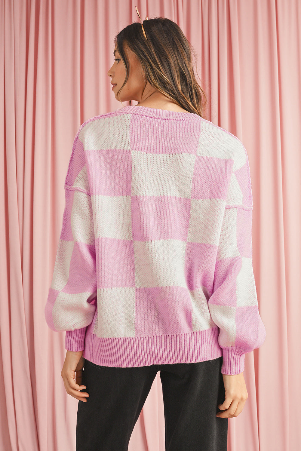 Pink Checked Bishop Sleeve Pullover Sweater