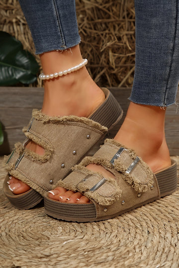 Pale Khaki Double Buckle Straps Frayed Detial Retro Slippers