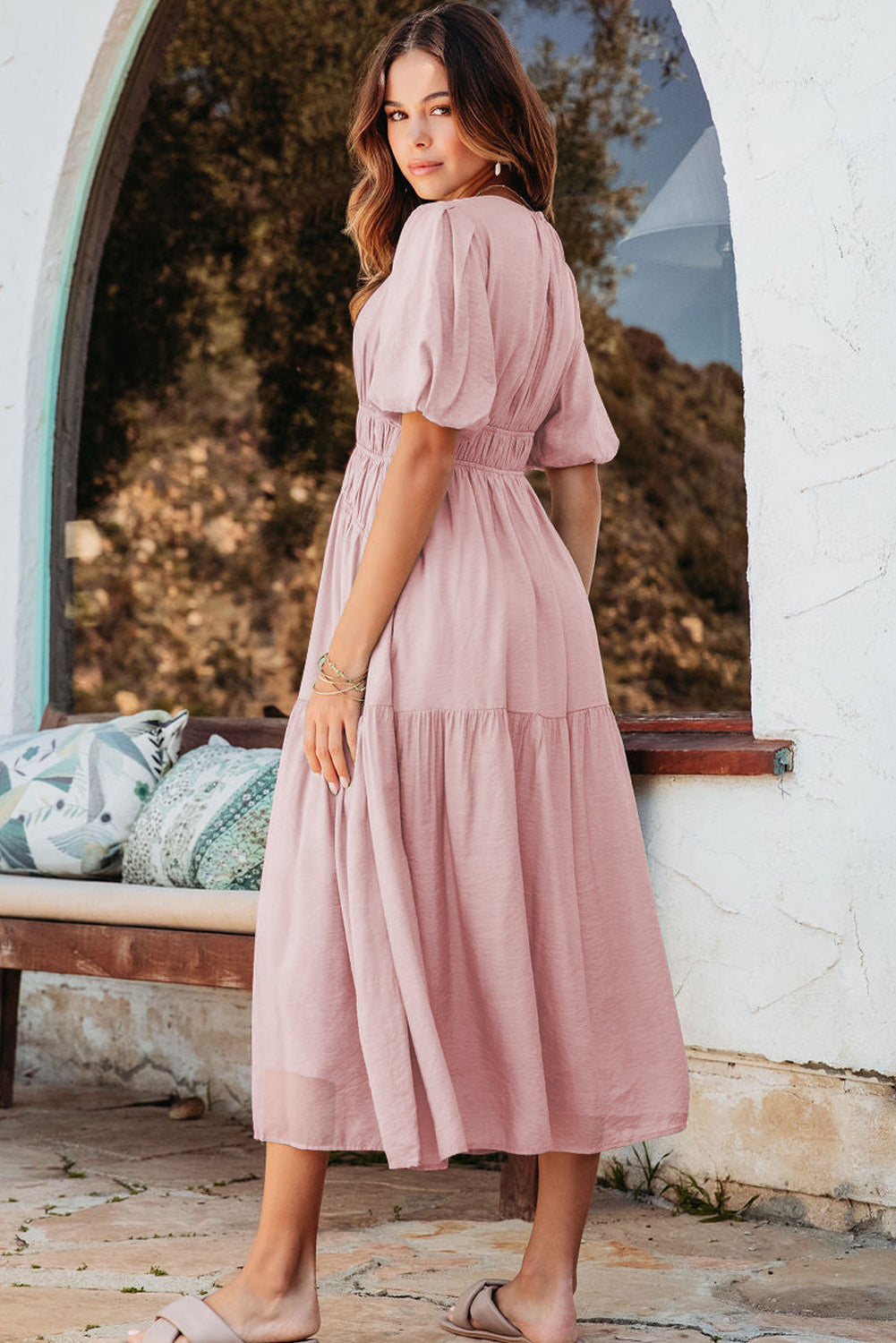 Pink Puff Sleeve High Waist Flowy Midi Dress